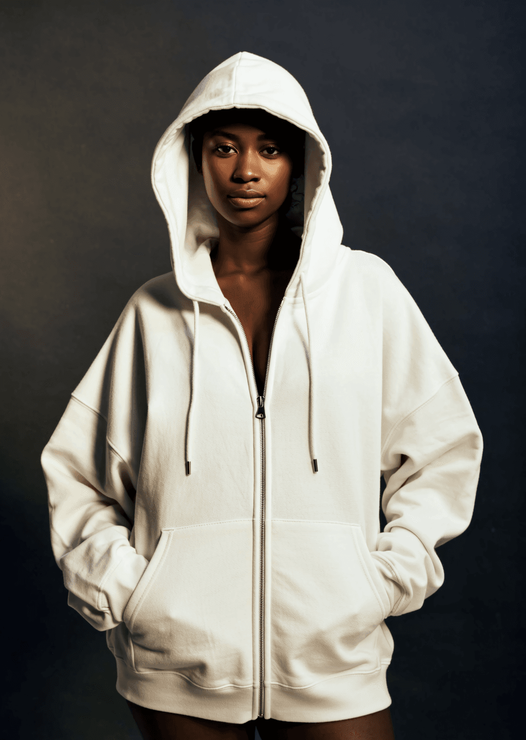 Model wearing the AXO Eclipse Zip Hoodie in bone white