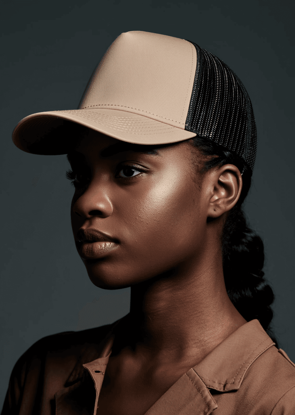 Model wearing the AXO Sahel Trucker cap in sand